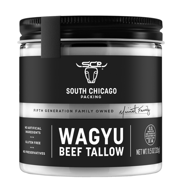 Jar of South Chicago Packing Wagyu Beef Tallow on a white background