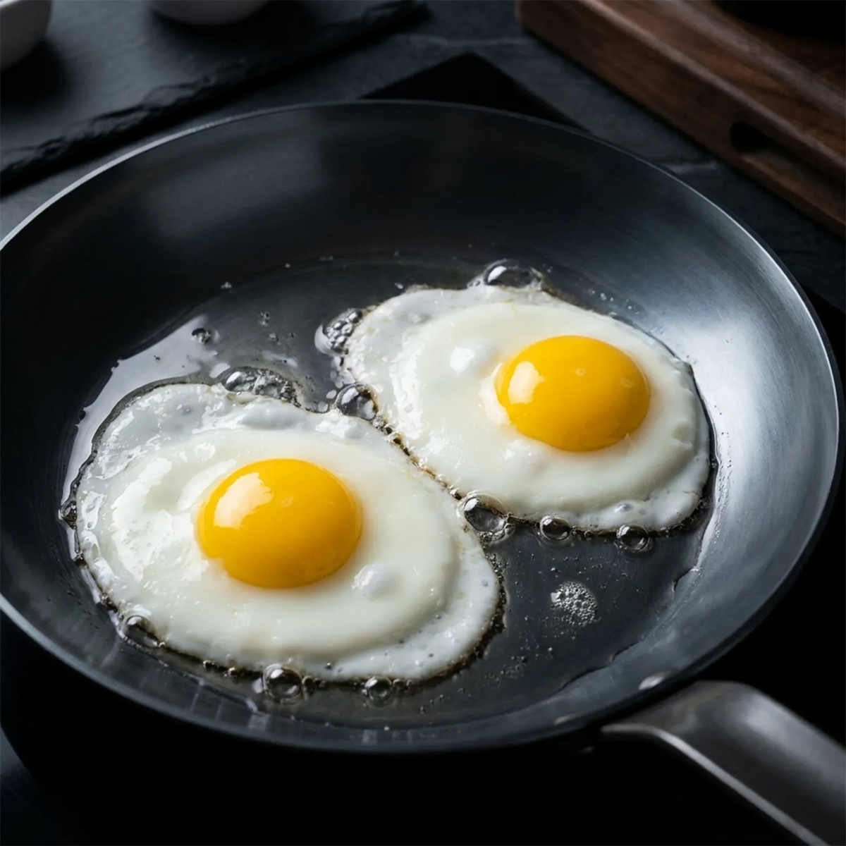 Two sunny-side-up eggs cooking in a dark non-stick frying pan on a black surface.