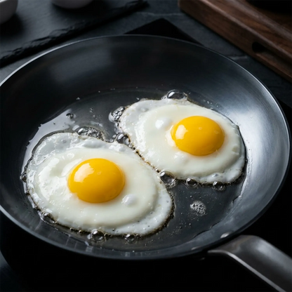 Two sunny-side-up eggs cooking in a dark non-stick frying pan on a black surface.