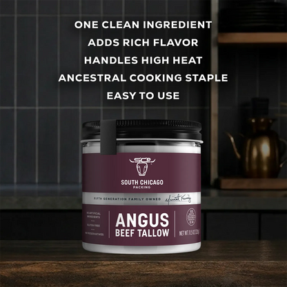 A jar of South Chicago Creamery Angus Beef Tallow shown on a dark kitchen countertop with text above describing its clean ingredient and high-heat cooking properties.